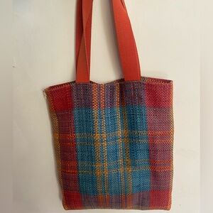 Clare V. Leather plaid woven carryall tote